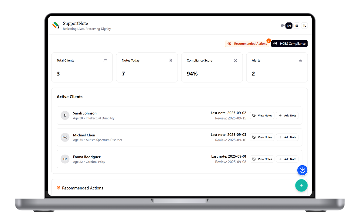 SupportNote Dashboard Interface showing multi-modal documentation with dignity-first design