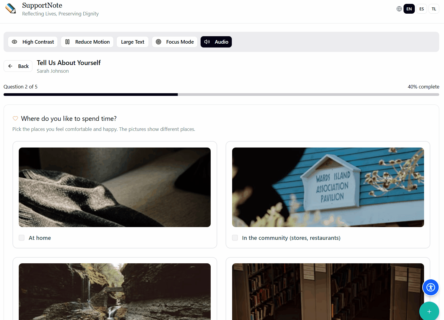 Interest Inventory interface with accessible question format